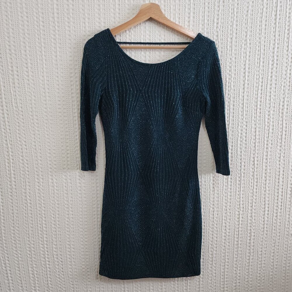 Trixxi Hunter Green Sparkly Holiday Party 3/4 Sleeve Mini Dress Size Large - Picture 2 of 13
